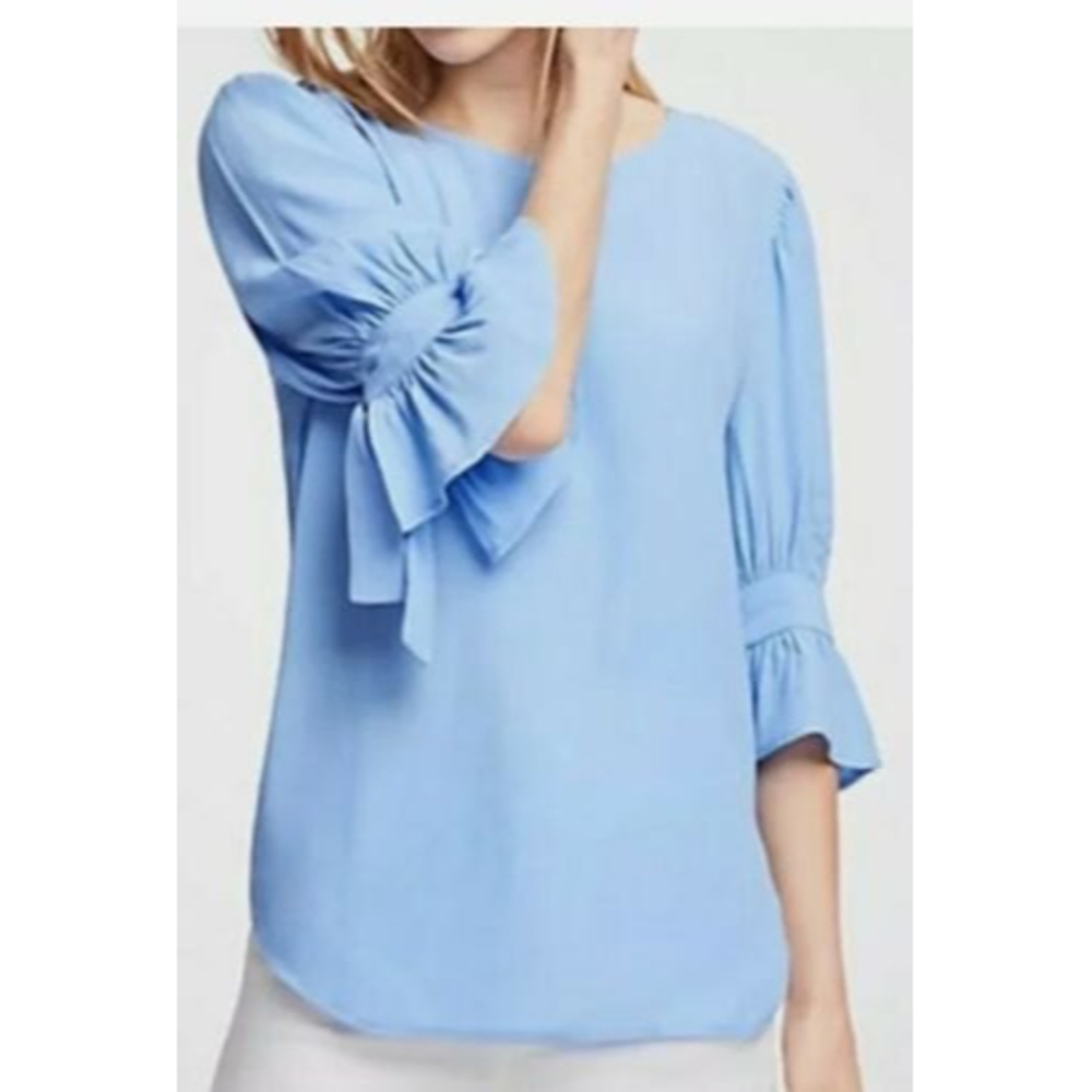 Ann Taylor Shirred Bow Sleeve Top Vista Blue Career Femme Romantic Keyhole SZ XS